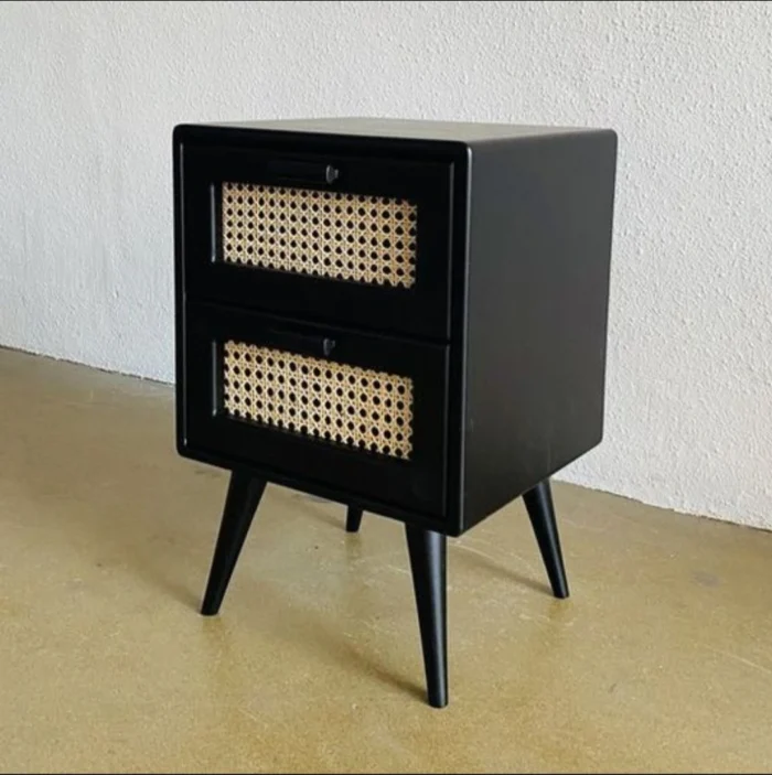 Nakas Bedside Jati Retro Hitam 2 Laci Rotan