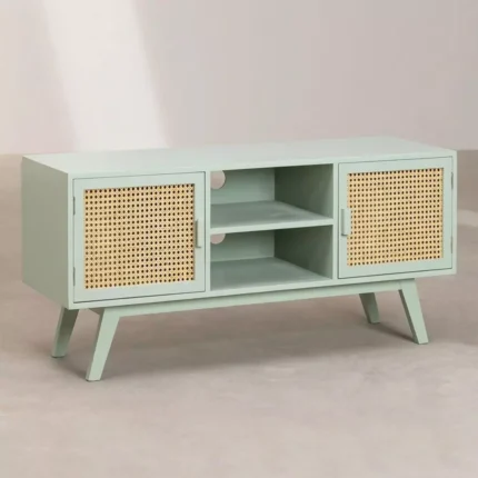 Meja Tv Retro Pastel Cat Duco Pintu Rotan