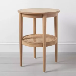 Meja Samping Minimalis Bundar Kayu Jati Kombinasi Rotan