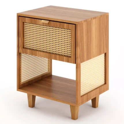 Bedside Retro Kayu Jati Kombinasi Anyaman Rotan
