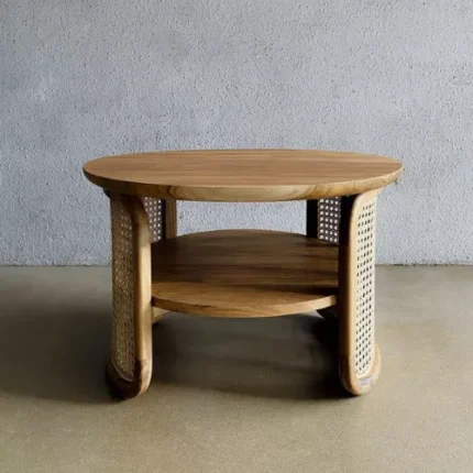 Meja Tamu Jati Model Retro Minimalis Kombinasi Anyaman Rotan
