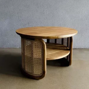 Meja Tamu Jati Model Retro Minimalis Kombinasi Anyaman Rotan