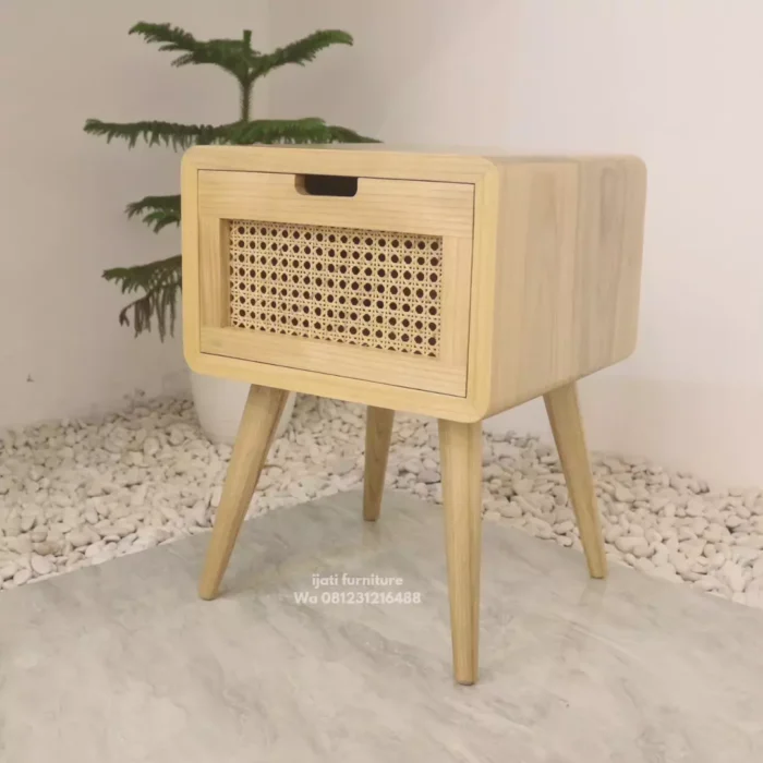 nakas bedside minimalis kayu sungkai laci rotan