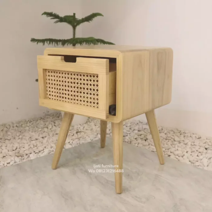 nakas bedside minimalis kayu sungkai laci rotan