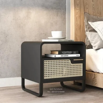 nakas minimalis hitam 1 laci rotan