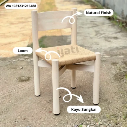Kursi Makan Minimalis Kayu Sungkai Natural + Loom Handmade