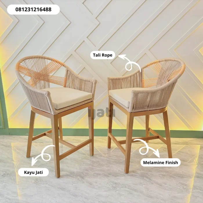 Kursi Bar Kayu Jati Solid Anyaman Rope