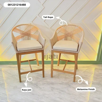 Kursi Bar Kayu Jati Solid Anyaman Rope