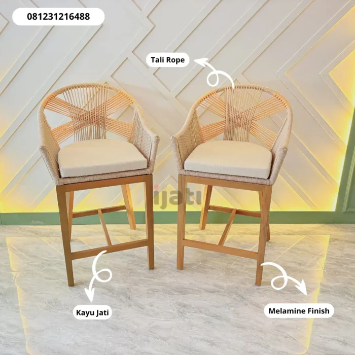 Kursi Bar Kayu Jati Solid Anyaman Rope