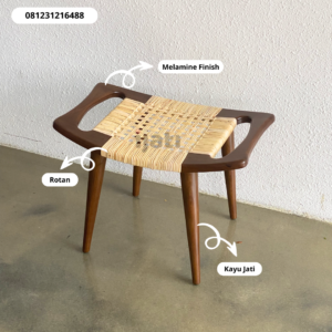 Kursi Stool Jati Mid-Century Modern dengan Dudukan Rotan