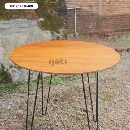 Meja Cafe Bundar Kayu Jati Kaki Besi Industrial Minimalis