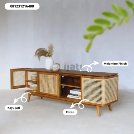 Meja TV Kayu Jati & Rotan Minimalis Modern – Rak TV Jepara Finishing Melamine