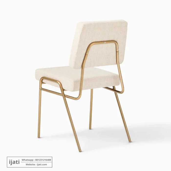 Kursi Makan Mid-Century Kaki Gold Jok Kain Fabric Krem