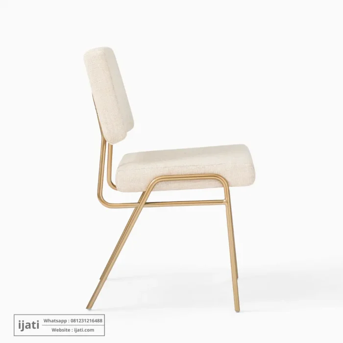 Kursi Makan Mid-Century Kaki Gold Jok Kain Fabric Krem