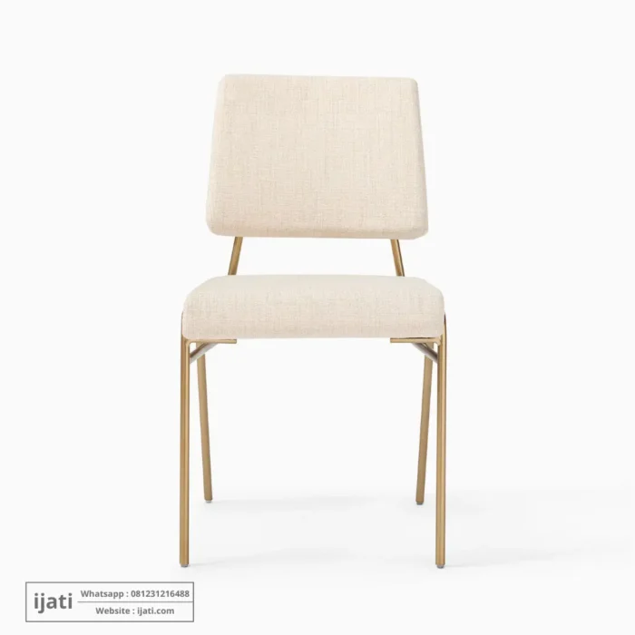 Kursi Makan Mid-Century Kaki Gold Jok Kain Fabric Krem
