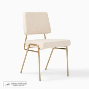 Kursi Makan Mid-Century Kaki Gold Jok Kain Fabric Krem
