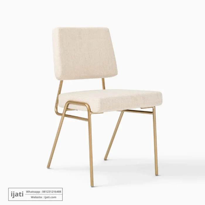 Kursi Makan Mid-Century Kaki Gold Jok Kain Fabric Krem