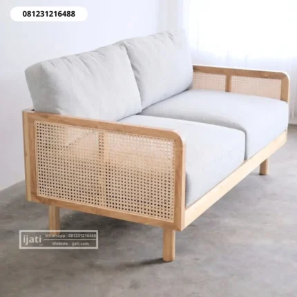 Kursi Sofa Japandi 2 Dudukan Rangka Kayu Jati Anyaman Rotan