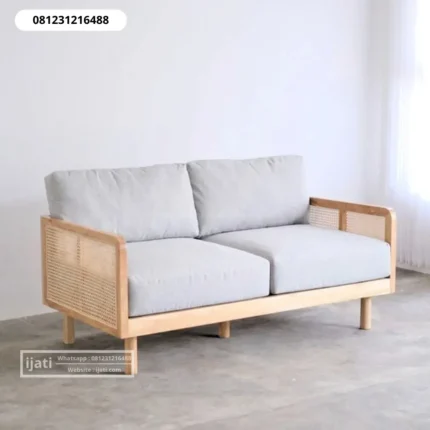 Kursi Sofa Japandi 2 Dudukan Rangka Kayu Jati Anyaman Rotan