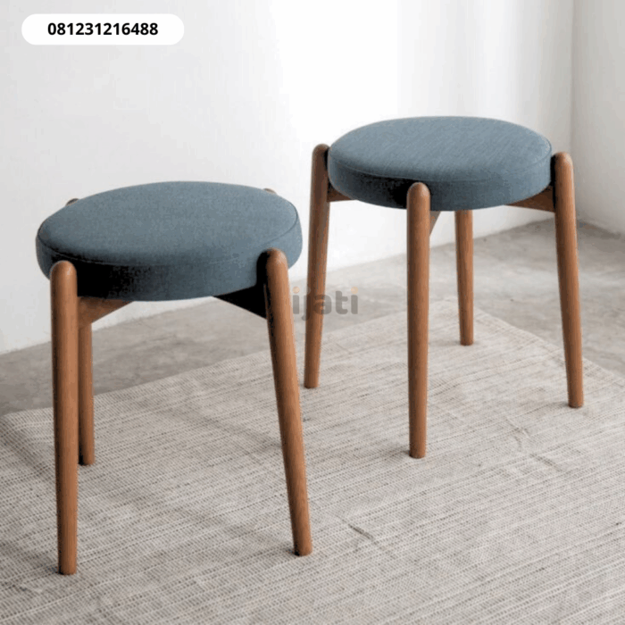 Kursi Stool Scandinavian Bundar Jok Busa Fabric Natural Jati (2) Kursi Stool Scandinavian Bundar Jok Busa Fabric Natural Jati