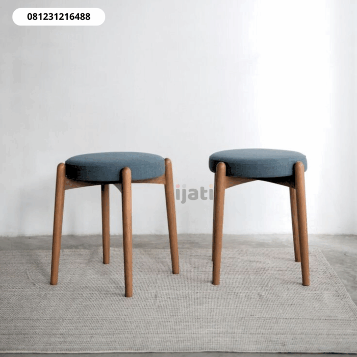 Kursi Stool Scandinavian Bundar Jok Busa Fabric Natural Jati Kursi Stool Scandinavian Bundar Jok Busa Fabric Natural Jati