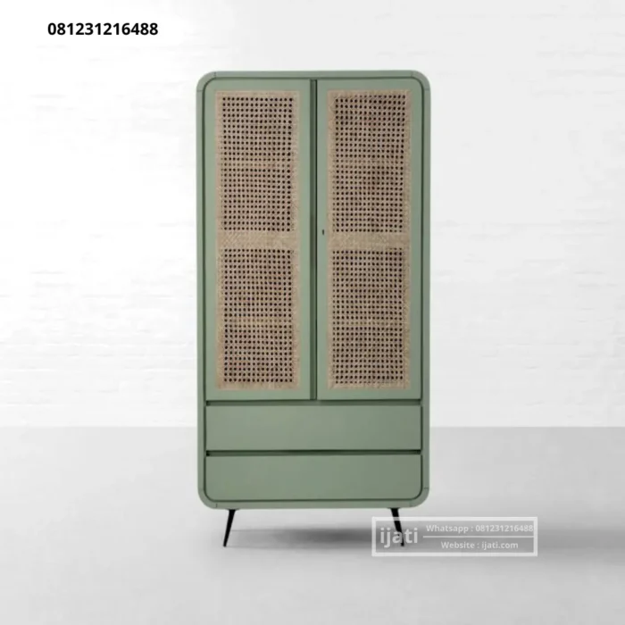 Lemari Rotan Retro Hijau Sage Kaki Besi Minimalis (2) Lemari Rotan Retro Hijau Sage Kaki Besi Minimalis