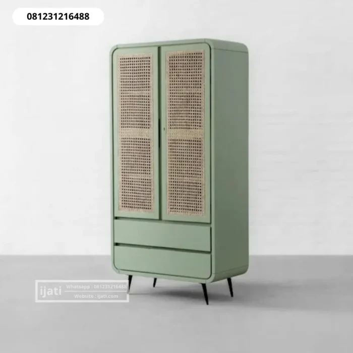 Lemari Rotan Retro Hijau Sage Kaki Besi Minimalis Lemari Rotan Retro Hijau Sage Kaki Besi Minimalis