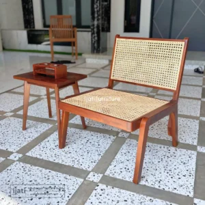 Kursi Lounge Mid-Century Modern Dudukan Rotan Kayu Jati