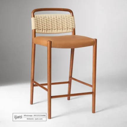 Bar Stool Japandi Modern Kombinasi Anyaman Rope dan Kulit