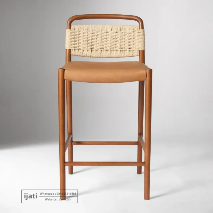 Bar Stool Japandi Modern Kombinasi Anyaman Rope dan Kulit