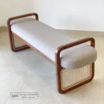 Bangku Ujung Ranjang Mid-Century Aksen Anyaman Rotan