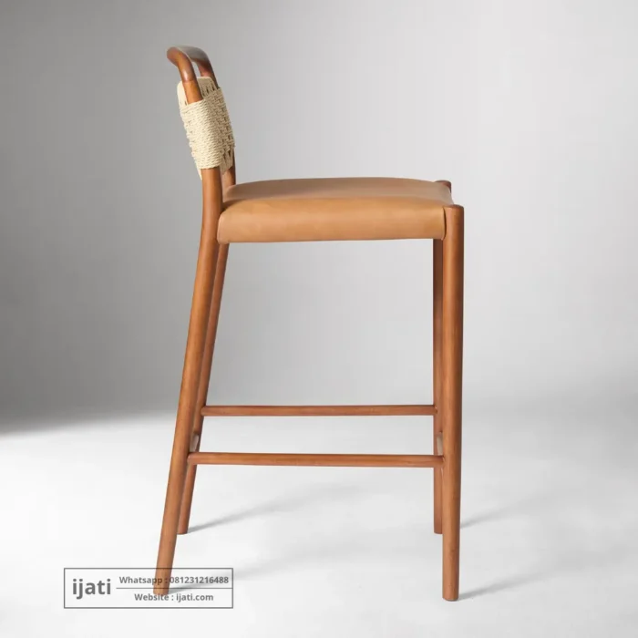 Bar Stool Japandi Modern Kombinasi Anyaman Rope dan Kulit