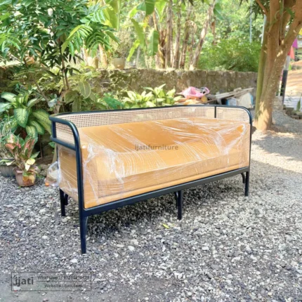 Bangku Sofa Mid-Century Modern Kayu Jati Kombinasi Rotan