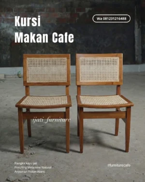 Kursi Makan Minimalis Japandi Sandaran Rotan - Finishing Natural Melamine