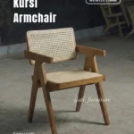 Kursi Armchair Cafe Kayu Jati Kombinasi Rotan Alami - Desain V-Leg Vintage