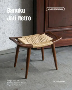 Bangku Jati Retro Anyaman Rotan Alami | Stool Kayu Jati Minimalis Modern
