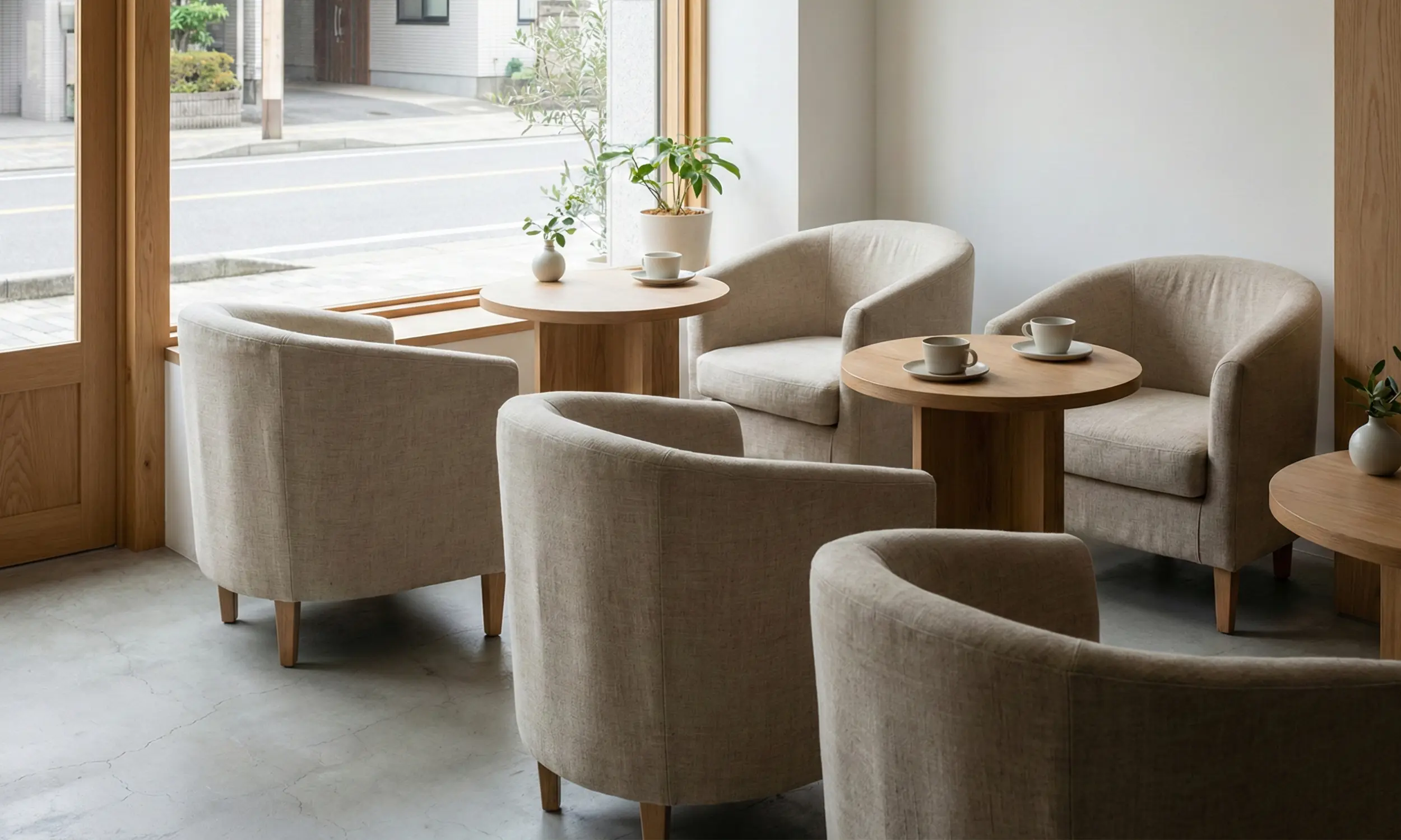 Kursi Cafe "Tub Chair" dengan Tekstur Kain Linen