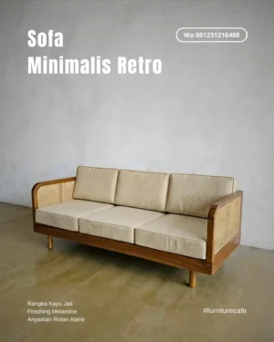 Sofa 3 Seater Mid Century Kayu Jati Kombinasi Rotan Jepara