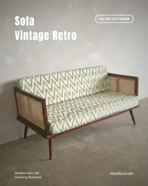 Sofa Retro Kayu Jati Minimalis Kombinasi Rotan Alami 3 Seater