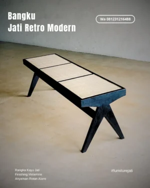 Bangku Kayu Jati Hitam Kombinasi Anyaman Rotan Alami
