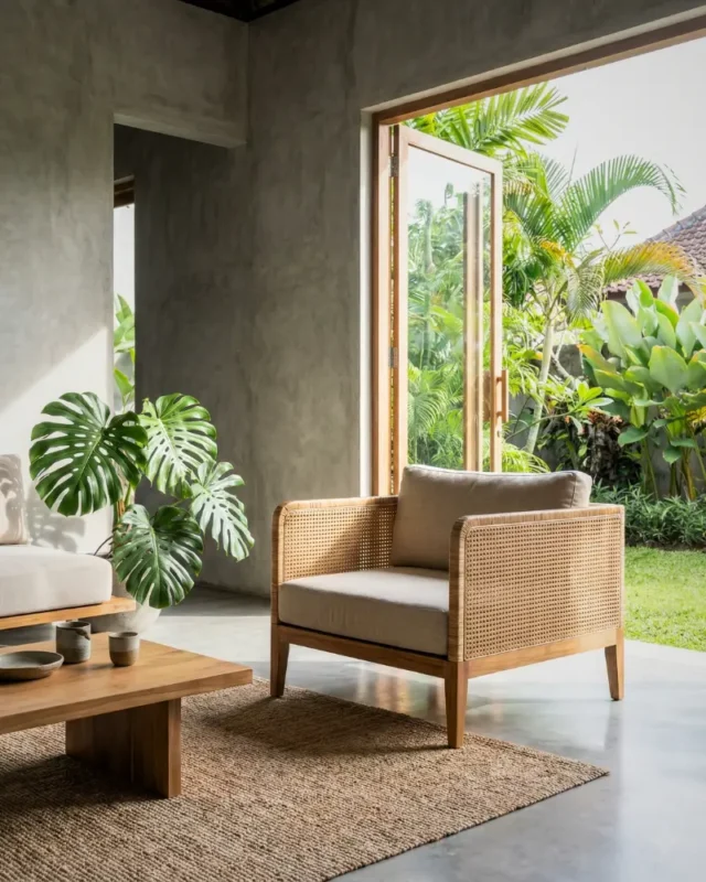 armchair jati minimalis kombinasi anyaman rope