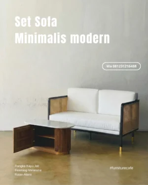 Set Sofa Tamu Minimalis Modern Kayu Jati Kombinasi Rotan