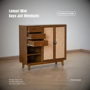 Lemari Ruang Tamu Pendek Kayu Jati Minimalis Kombinasi Rotan Alami