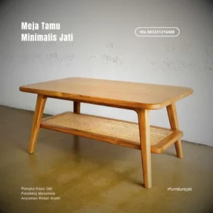 Meja Tamu Kayu Minimalis Terbaru Bahan Jati Solid Kombinasi Rotan Alami